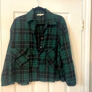 HYFVE button up, crop plaid shirt in green, black and white.